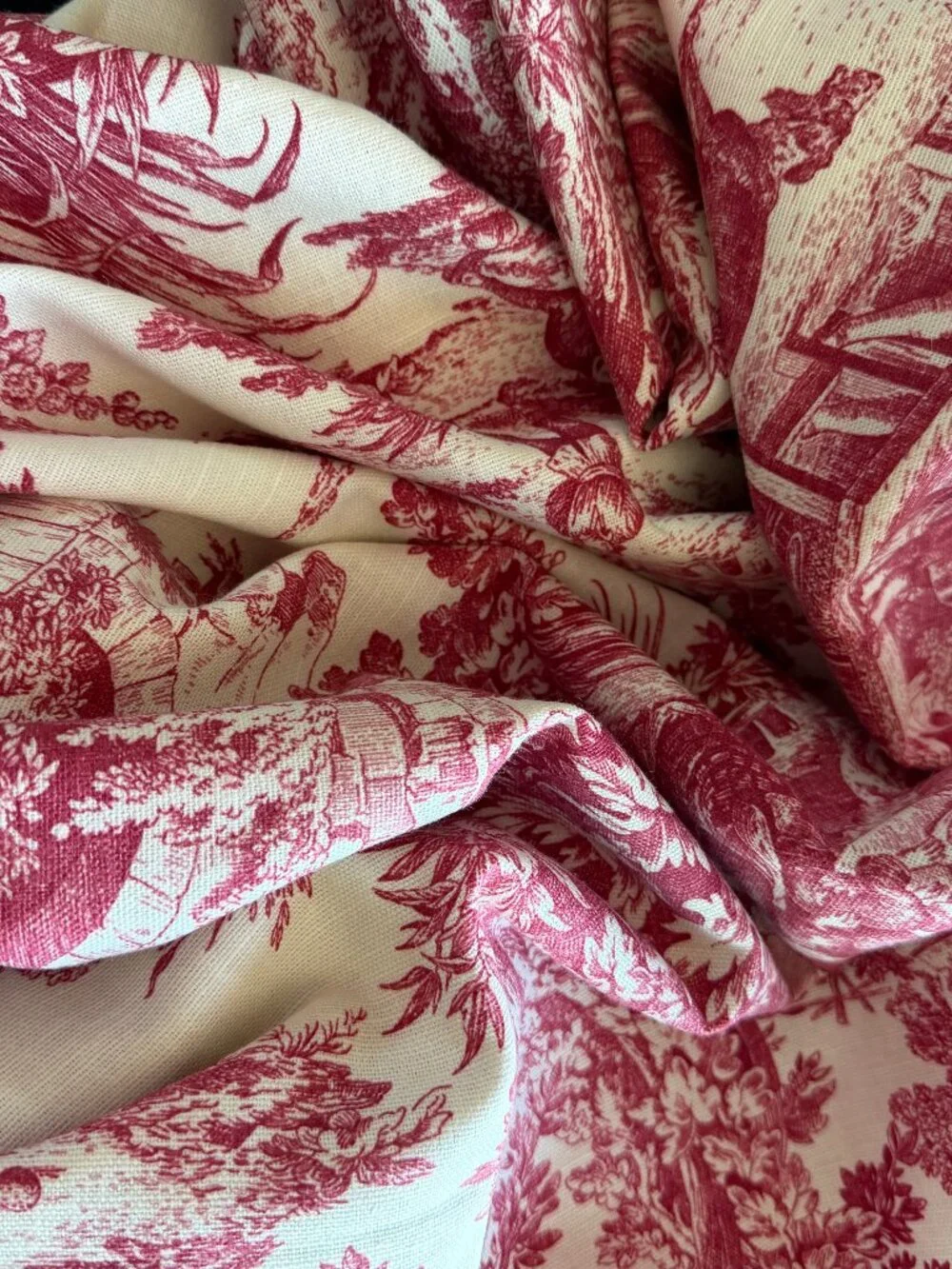 Vintage Toile Print Laura Ashley French Country Pastoral 3 yards Cranberry Cream